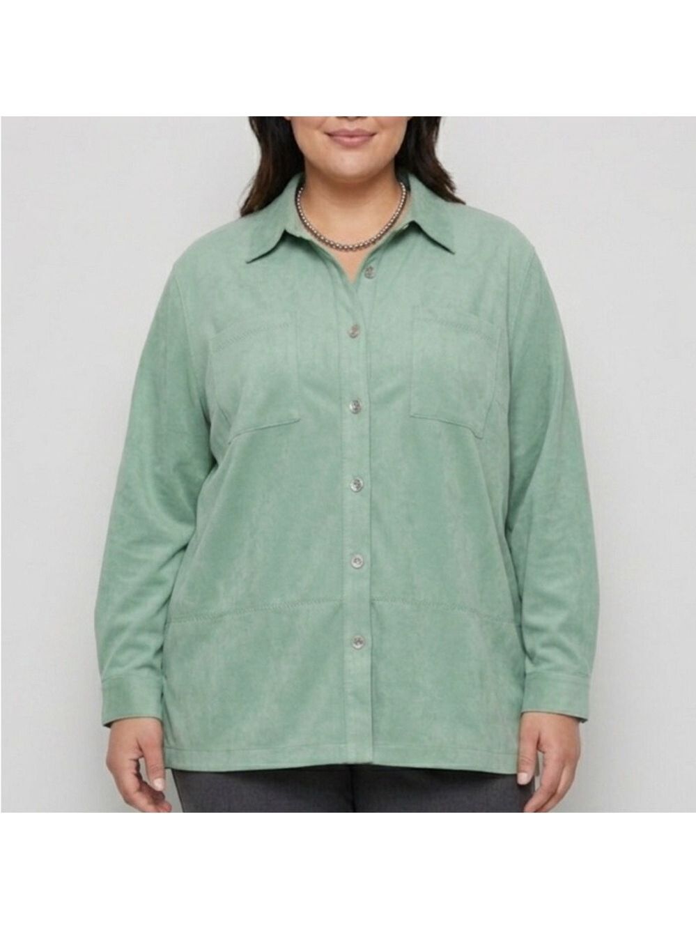 😍SHOW SPECIAL ALFRED DUNNER green button front suede look Shirt Shacket 20w